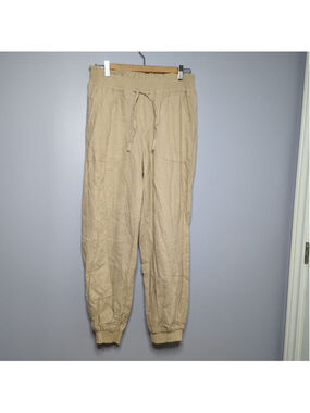Love Tree Women's Linen Blend High Waisted Drawstring Jogger Pants Khaki Sz L